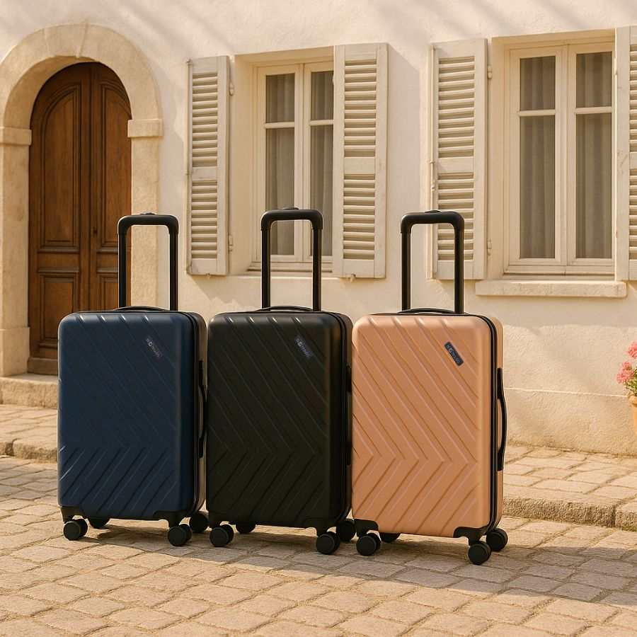 Three suitcases in different colours on cobblestones in front of a building