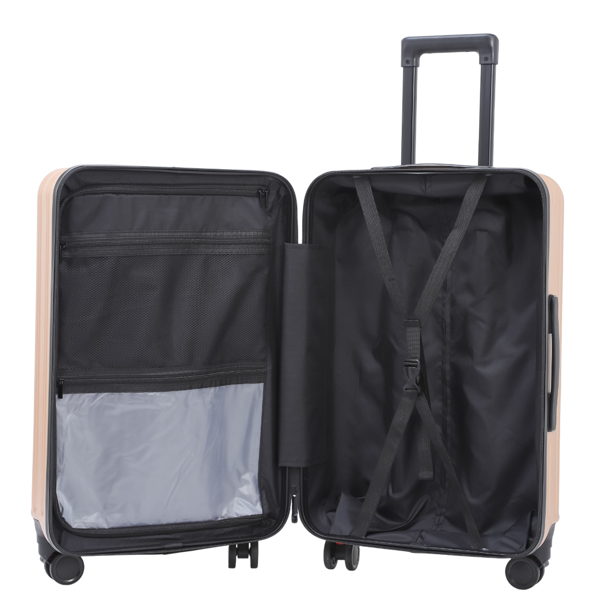 Nomado Horizon 2.0 suitcase in gold with a packing system – open, interior view, light-brown exterior