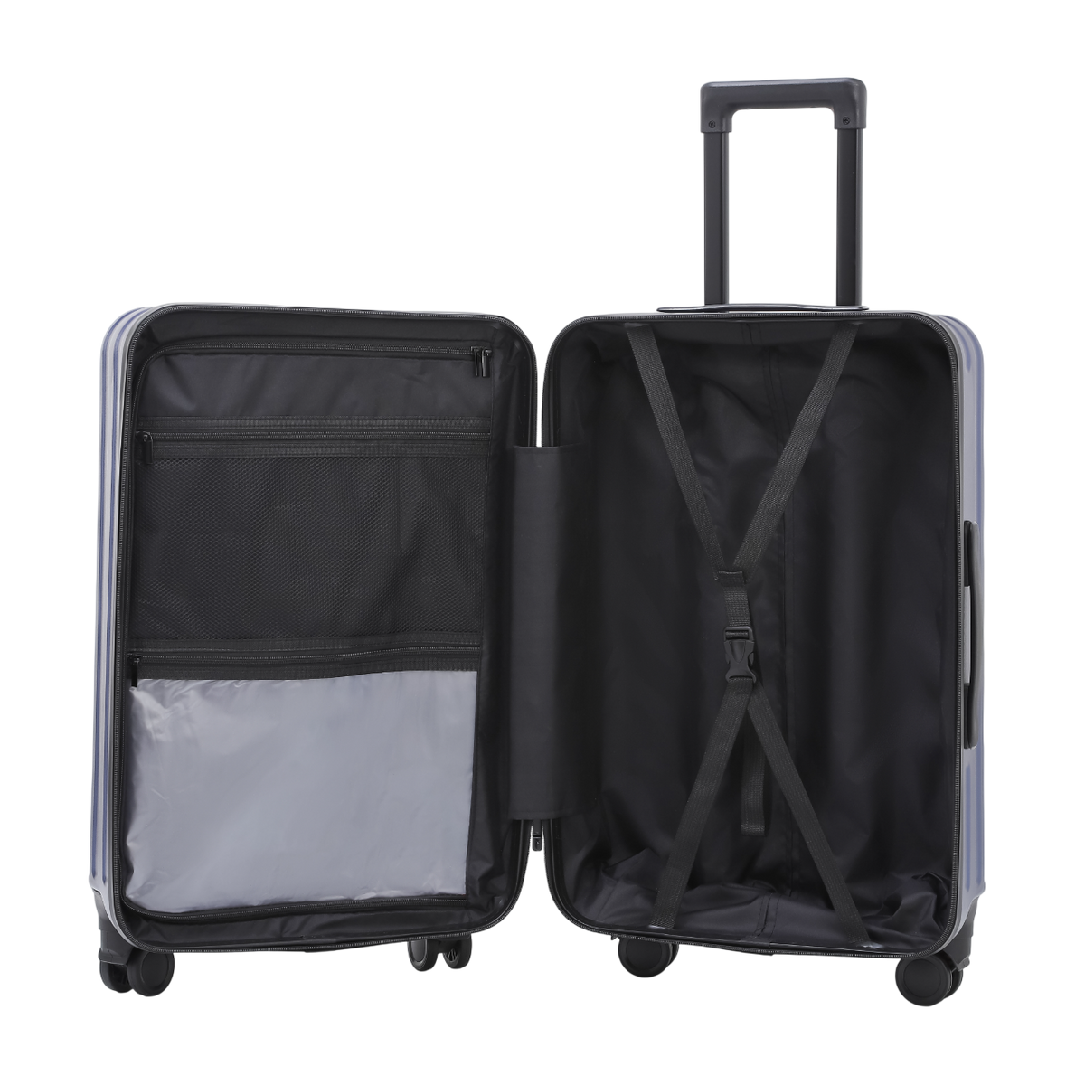 Nomado Horizon 2.0 suitcase in blue with interior compartments and packing straps – open