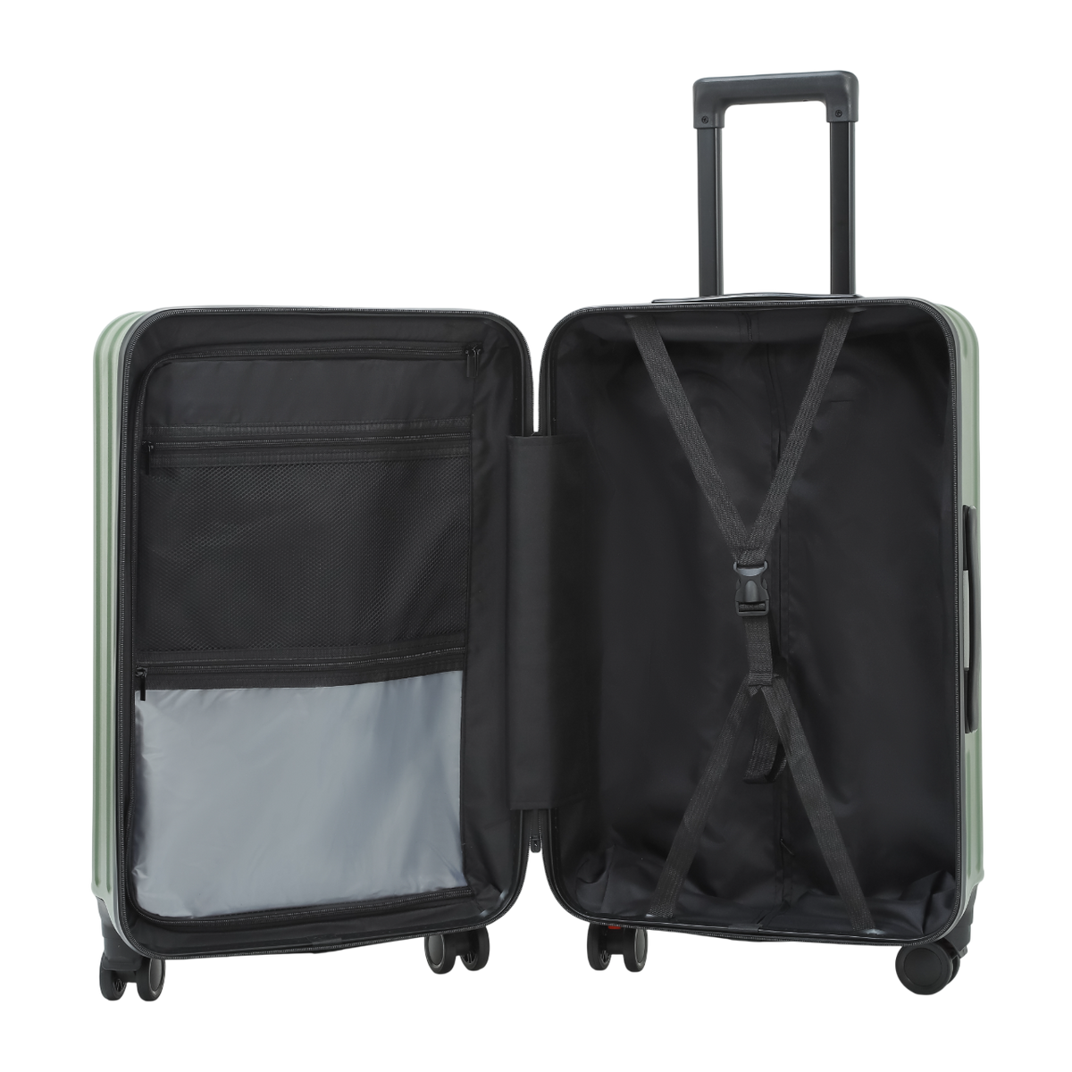 Horizon 2.0 luggage set in green with pockets and packing straps – open